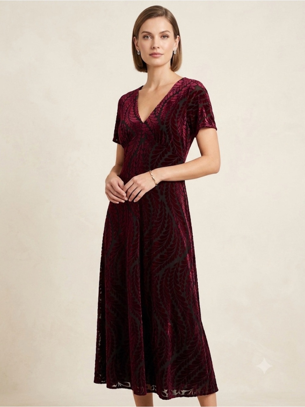 Taylor Wine and Black V-Neck Velvety Dress